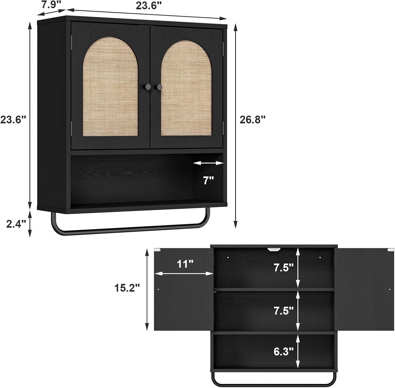 Rattan Bathroom Wall Cabinet,  Medicine Cabinet with 2 Arched Doors, Farmhouse Over The Toilet Storage Cabinets with Adjustable Shelves & Towel Bar, 3-Tier Wall Mounted Cabinets