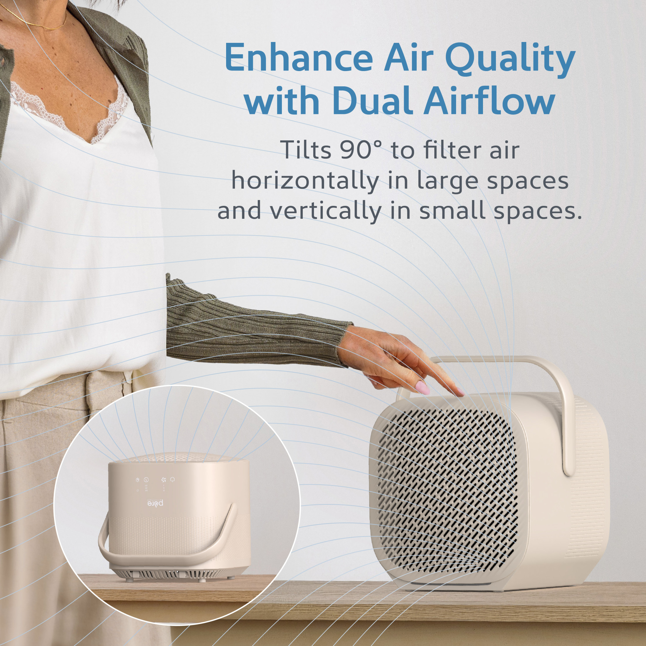 Pure Enrichment PureZone DUO Tabletop Air Purifier – True HEPA, Dual Direction Airflow, 3-Stage Filtration Captures Dust, Smoke, Odors - Large Rooms up to 615 sq. ft. (Sweet Oat)