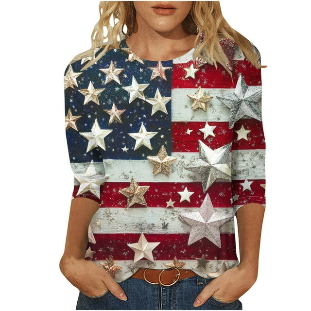 UPPADA T-Shirts à Manches 3/4 pour Femmes Été Drapeau Américain Hauts Patriotiques T-Shirts Fête de l'Indépendance Col Rond Coupe Ample T-Shirt, T-Shirts Patriotiques pour Femmes Rouge, 2TG