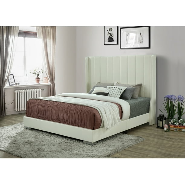 Shandi Channel Tufted Faux Leather Bed Frame With High Headboard Off White Walmart Com Walmart Com