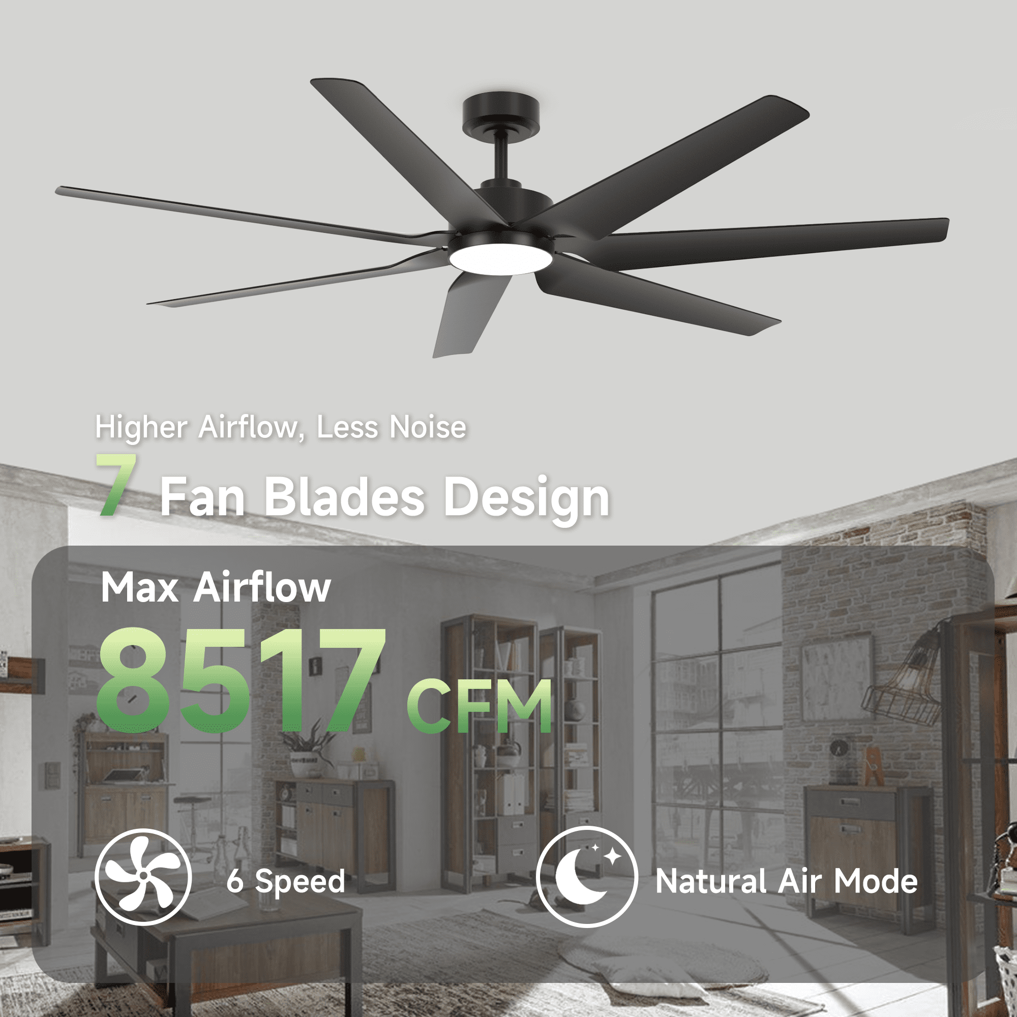 65 inch Black Outdoor Ceiling Fans for Patios Waterproof, Modern High CFM 7 Blades Large Airflow Quiet DC Motor Fan for Indoor Outside Porch Garage