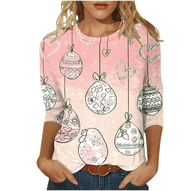 YanHoo T-Shirts de Pâques à Manches 3/4 pour Femmes, Tops Graphiques Amusants à Manches 3/4, T-Shirts Décontractés à Col Rond, Pull-Over, Tenues de Printemps 2025, Cadeaux de Fête des Mères pour Maman en Solde