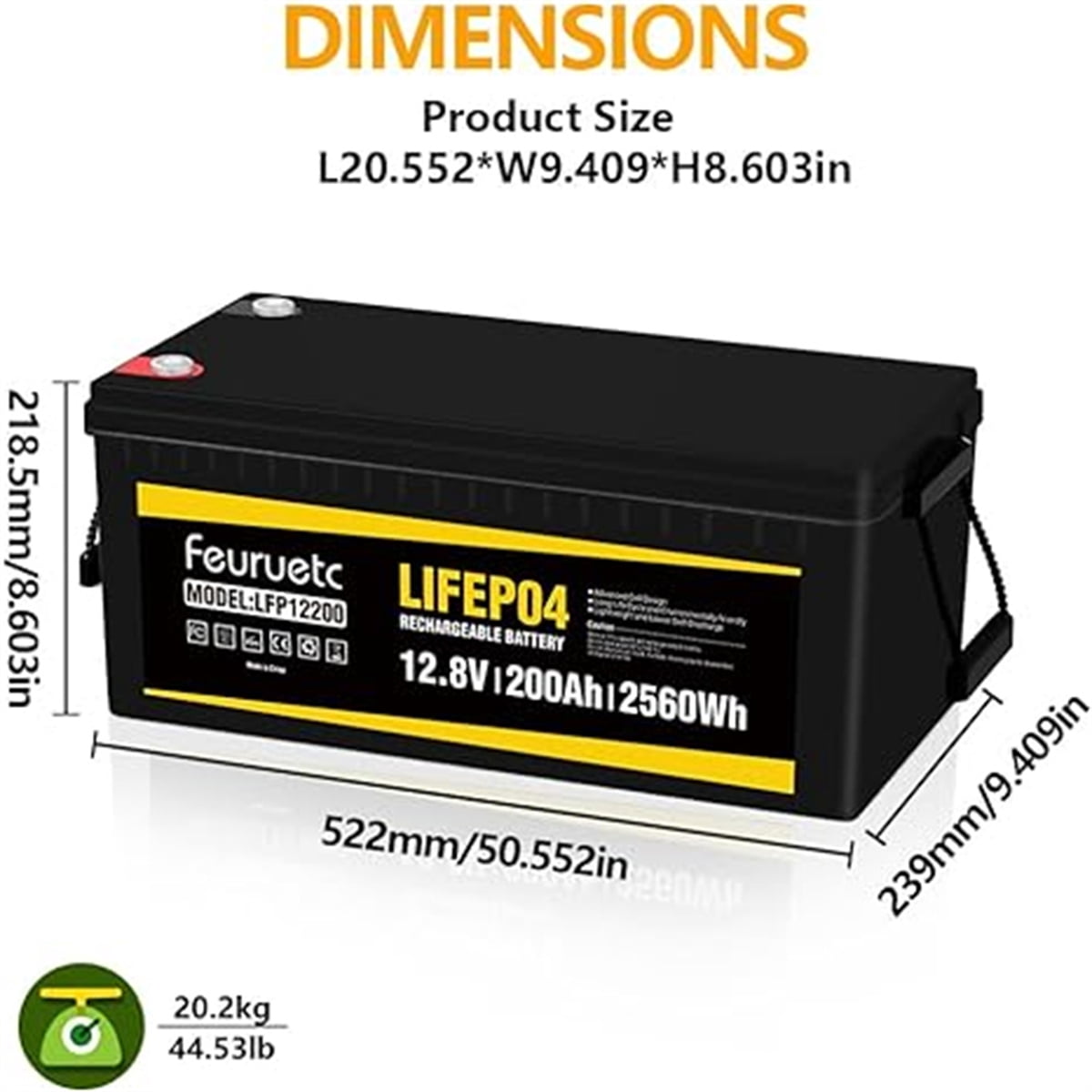 Feuruetc 12V 200Ah LiFePO4 Lithium Battery, Built in 100A BMS,Density Lithium Battery with Up to 15000 deep Cycle, Perfect for Rv, Solar Trolling Motors, Boat, Marine