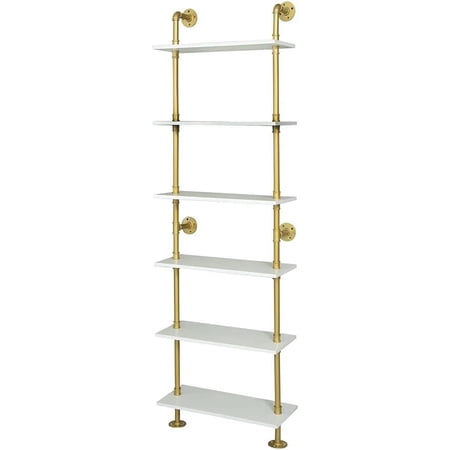 6 Tier Gold Bookshelf, White and Gold Shelves, Modern Shelves Shelf Bookcase Metal Mid Century Open Industrial Wall Mount Accents Decor Retail Shelving Vertical for Living Room