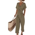 thumbnail image 2 of Women'S Outfits V Neck Cap Sleeve Crop Top Wide Leg Pant Sets Khaki M, 2 of 7