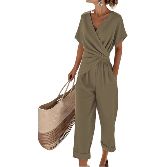 Women'S Outfits V Neck Cap Sleeve Crop Top Wide Leg Pant Sets Khaki S