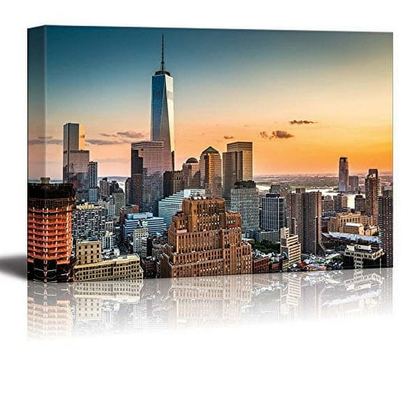 wall26 Canvas Print Wall Art Aerial View Lower Manhattan Skyline at Sunset Architecture & Maps Building Photography Modern Art Scenic Multicolor Colorful for Living Room, Bedroom, Office - 24&quo