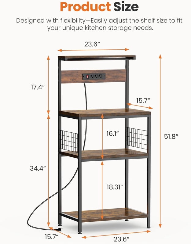 Simenmax 23.6" Kitchen Bakers Rack with Power Outlet, 4-Tier Adjustable Microwave Stand, Coffee Bar Station, Brown Storage Shelf Appliance Organizer
