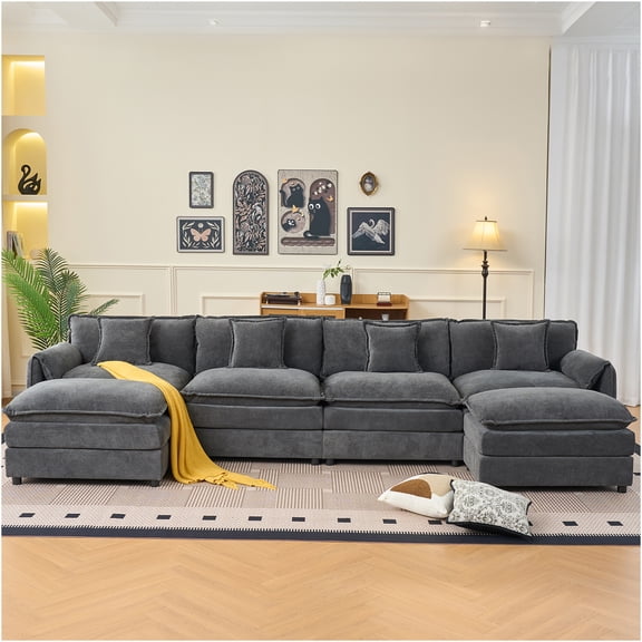 JERFIT Modern U-Shaped Sectional Sofa with Ottomans, 6-Seater Chenille Fabric Couch for Large Living Room, Gray