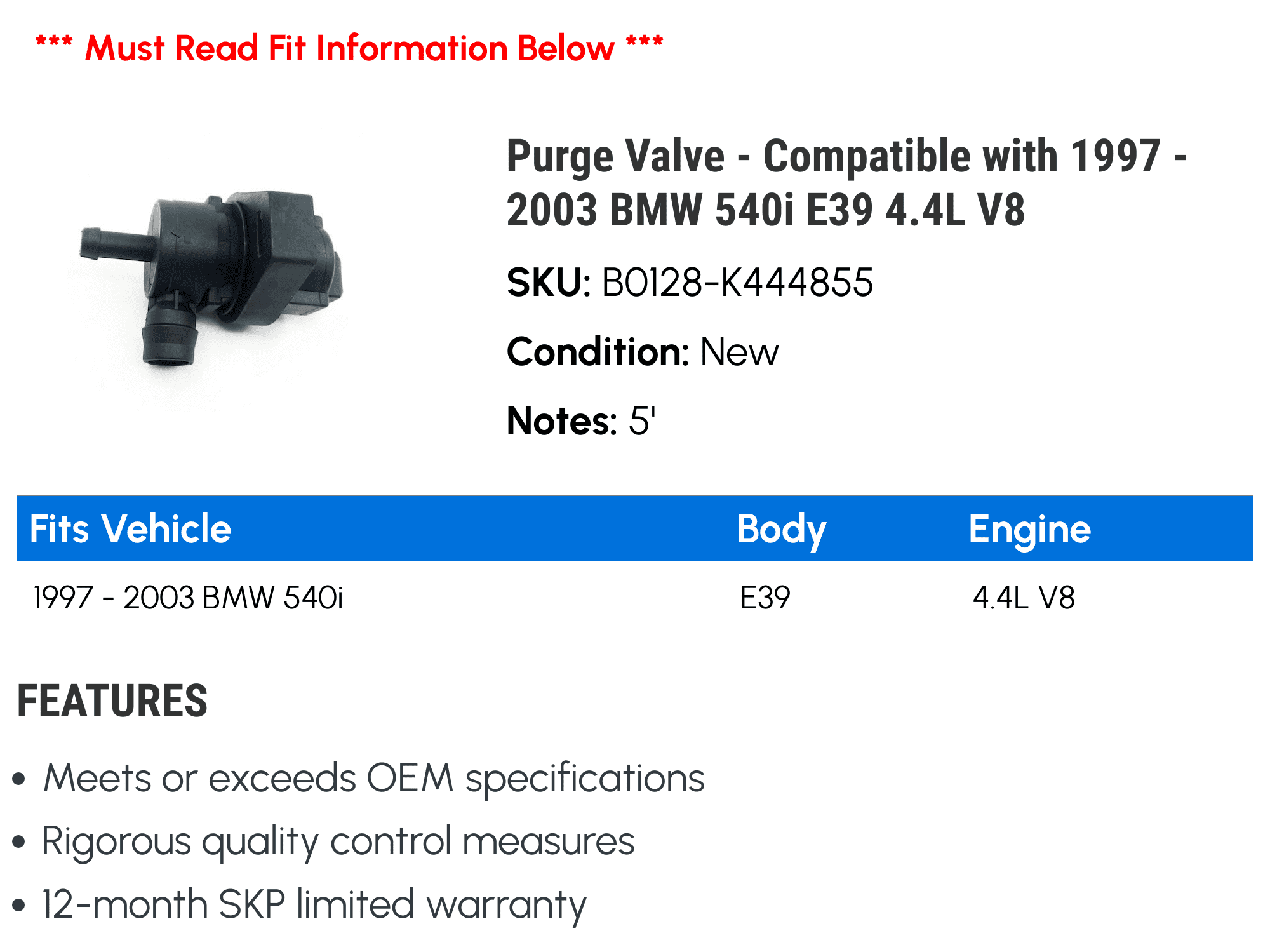Purge Valve - Compatible with 1997 - 2003 BMW 540i E39 4.4L V8 1998 1999 2000 2001 2002