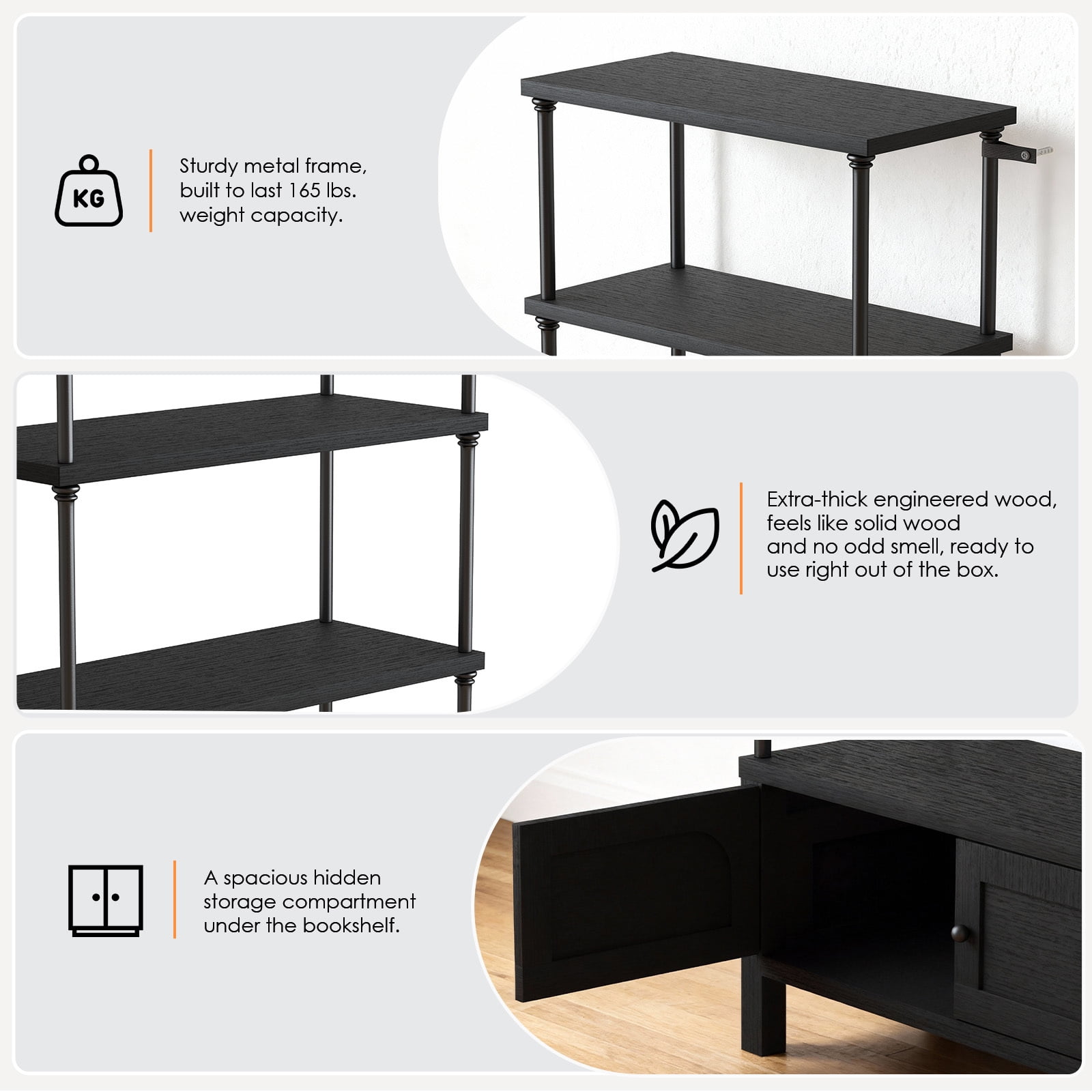 Furnibear Bookshelf with 2 Doors 55 Inches Tall 4 Tier Storage Shelf with Cabinet,Modern Open Bookcase for Living Room or Home Office,Black