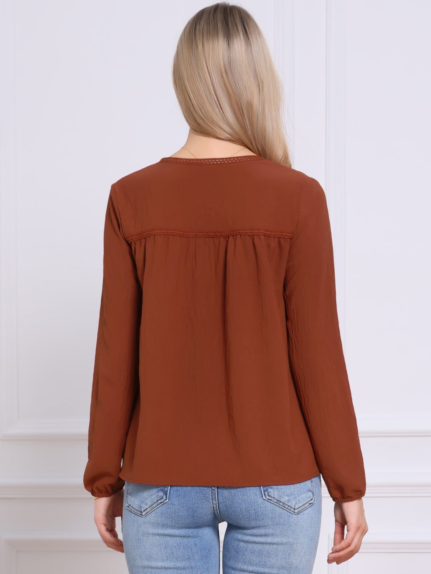 DARING DIVA Women's Elegant Casual V Neck Long Sleeve Blouse L Orange Brown