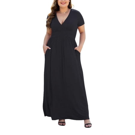 Aiyino Women Plus Size V Neck Short Sleeve Casual Evening Dress Comfortable Elegant Party Maxi Dress Black 4XL