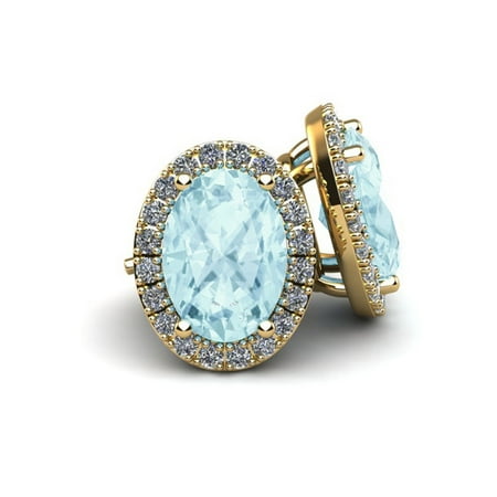 1 Carat Oval Shape Aquamarine and Halo Diamond Stud Earrings In 10 Karat Yellow Gold