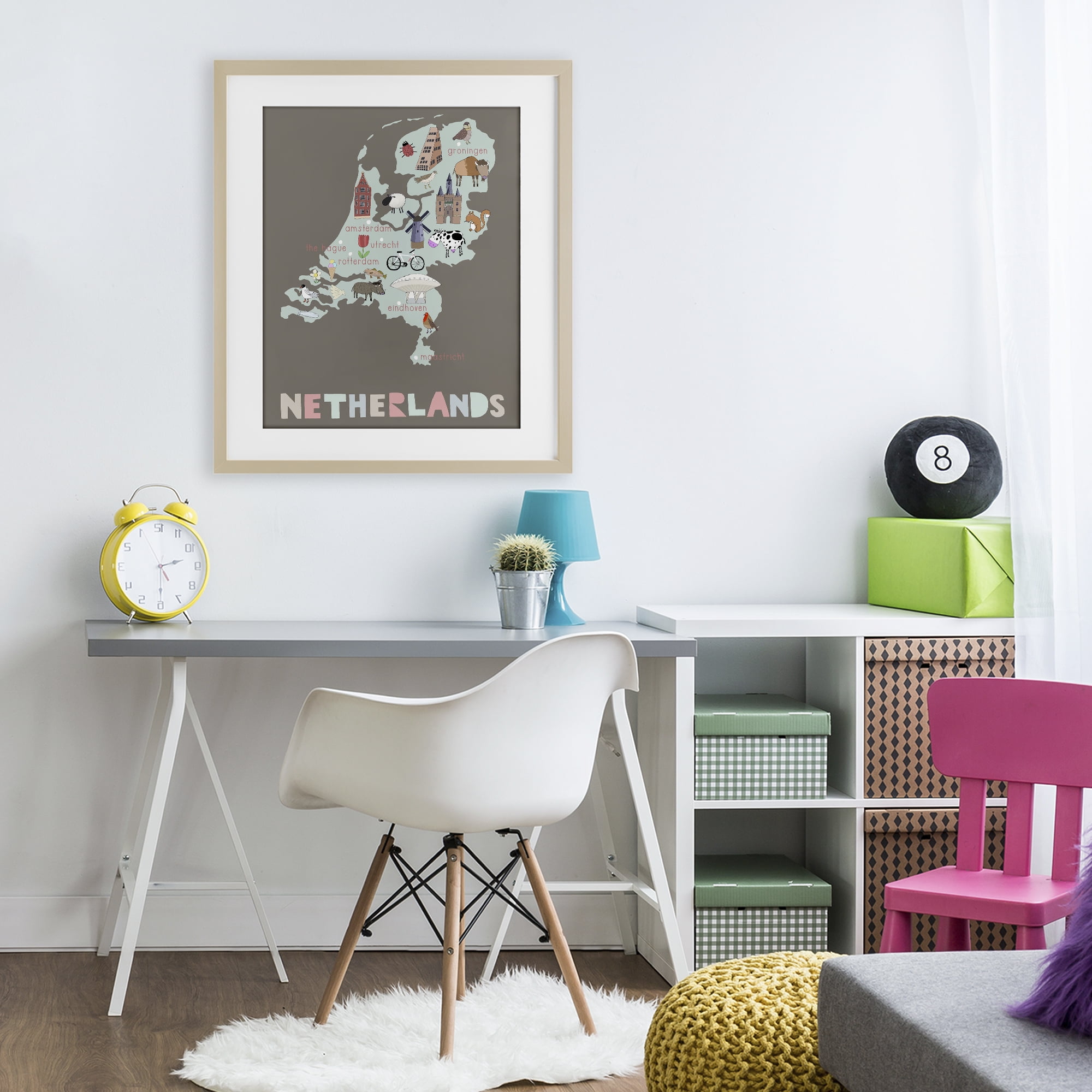 Kid's Map of Netherlands Birch Framed Print Under Glass, design by Carla Daly
