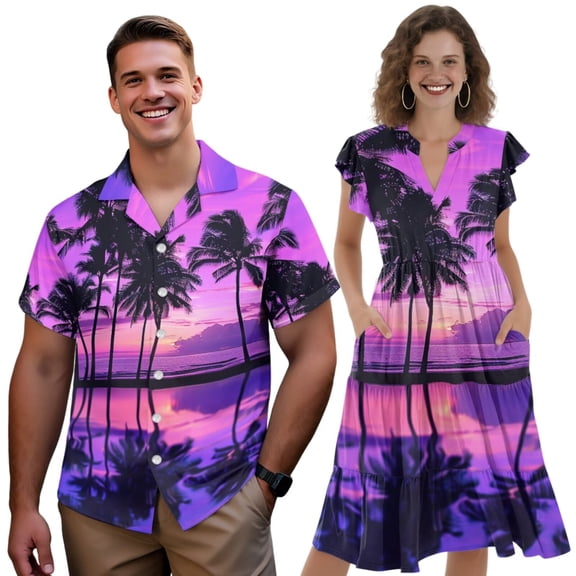 Yuyamidu Matching Hawaiian Outfits for Couples Palm Tree Dress for Women Mens Hawaiian Shirt Womens Beach Dress Matching Vacation Outfits for Couples Ruffle Sleeve V Neck Flowy Sun Dress, Size 2XS