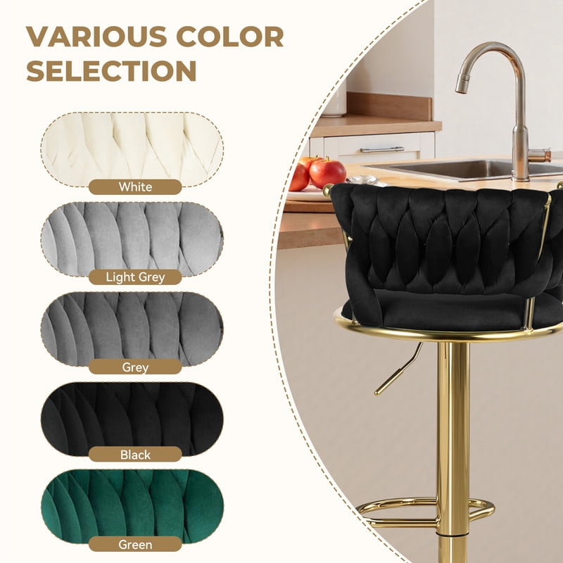 Hawsaiy Modern Velvet Bar Stools Set of 2, Adjustable Height Woven Back Bar Chairs with Footrest and Swivel for Kitchen Island & Dining Room, Black