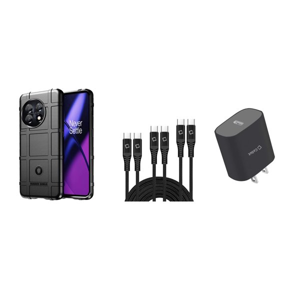 BD Combo Bundle Case for OnePlus 11 5G Case - (Black) Impact Resistant Flexible Armor Case with UL Listed Type-C PD Wall Charger, 3-Pack of USB Cables (3ft, 6ft, 10ft)