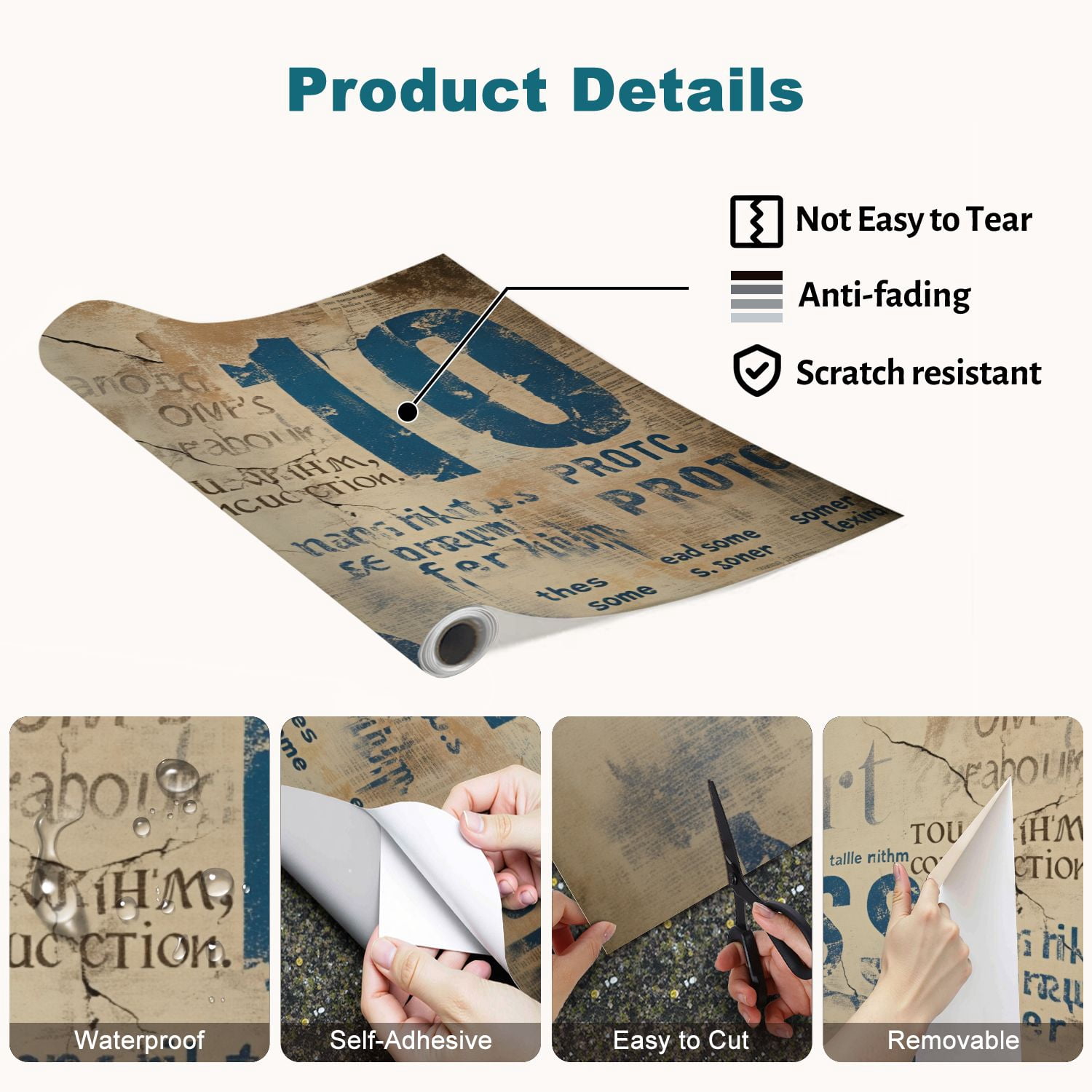 100"x144" Wall Mural Peel and Stick Wallpaper Grunge Textured Abstract Art Faded Typography Color Wash Wall Decor Self Adhesive Removable Wall Stickers for Bedroom Living Room