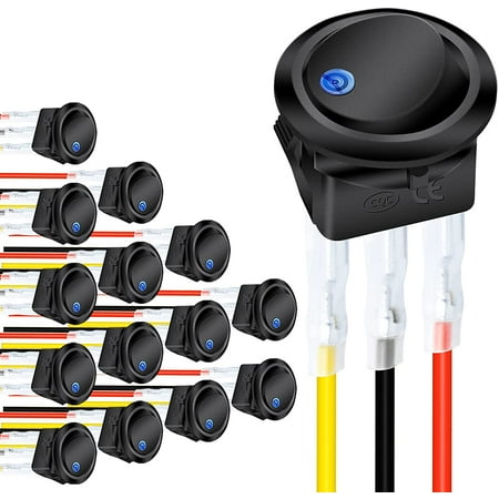 DaierTek 15Pcs 12V Round LED Rocker Switch Wired KCD1 20mm Mini Snap ...