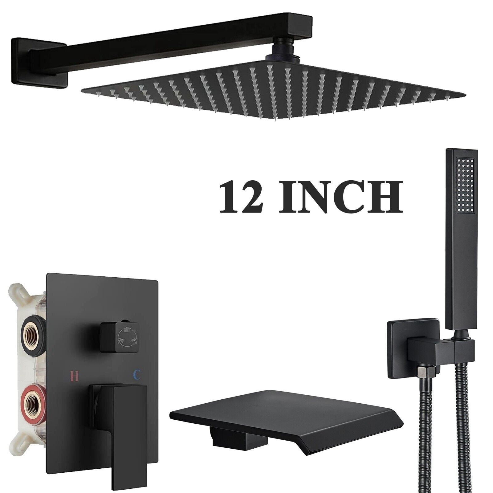 Black Shower Faucet Set Mixer Valve 12inch Rain Shower Head Combo System with Tub Spout