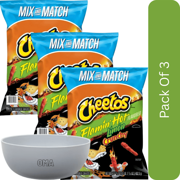 Cheetos Flamin’ Hot Limon Crunchy Cheese Flavored Snacks, 17.375 oz Bag-3pk, With Olive White Bowl By OMA