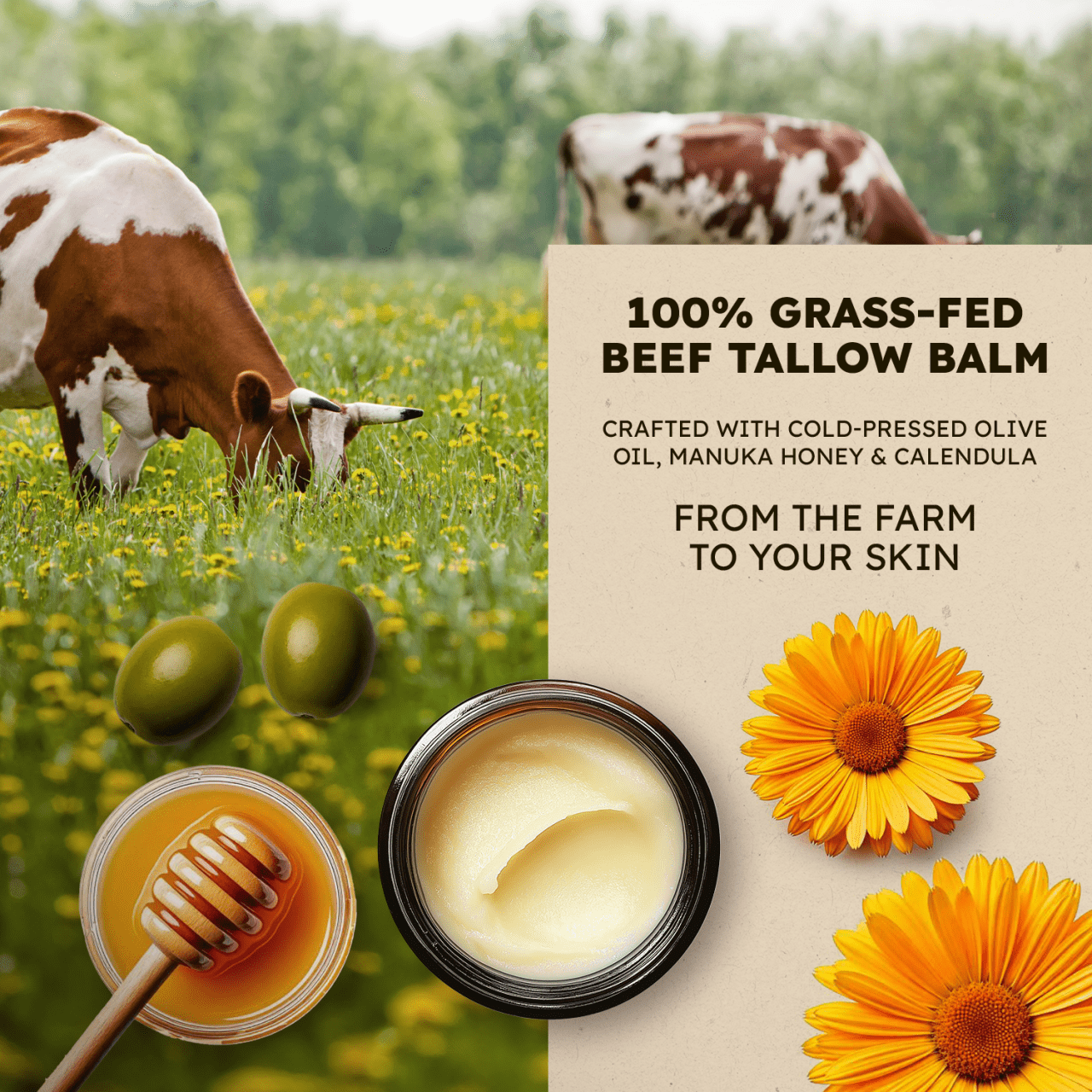 Real Good Tallow and Honey Balm - 100% Grass Fed & Finished Beef Tallow Face Moisturizer with Manuka Honey, Olive Oil & Calendula - 4 oz - Lotion for Real Good Skin  Made in USA