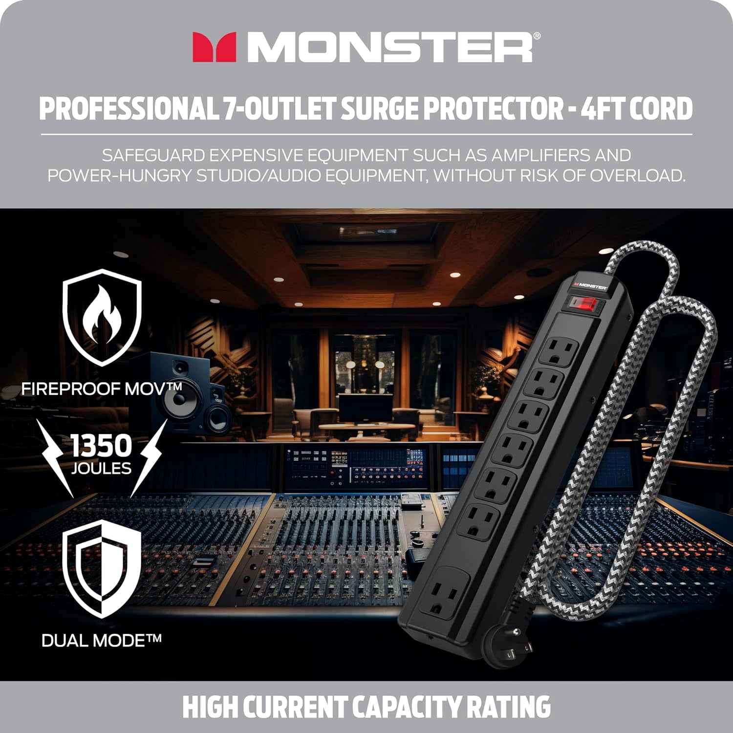 Monster Pro MI Surge Protector – 7 Outlet, 1350 Joule, Fireproof MOV Technology