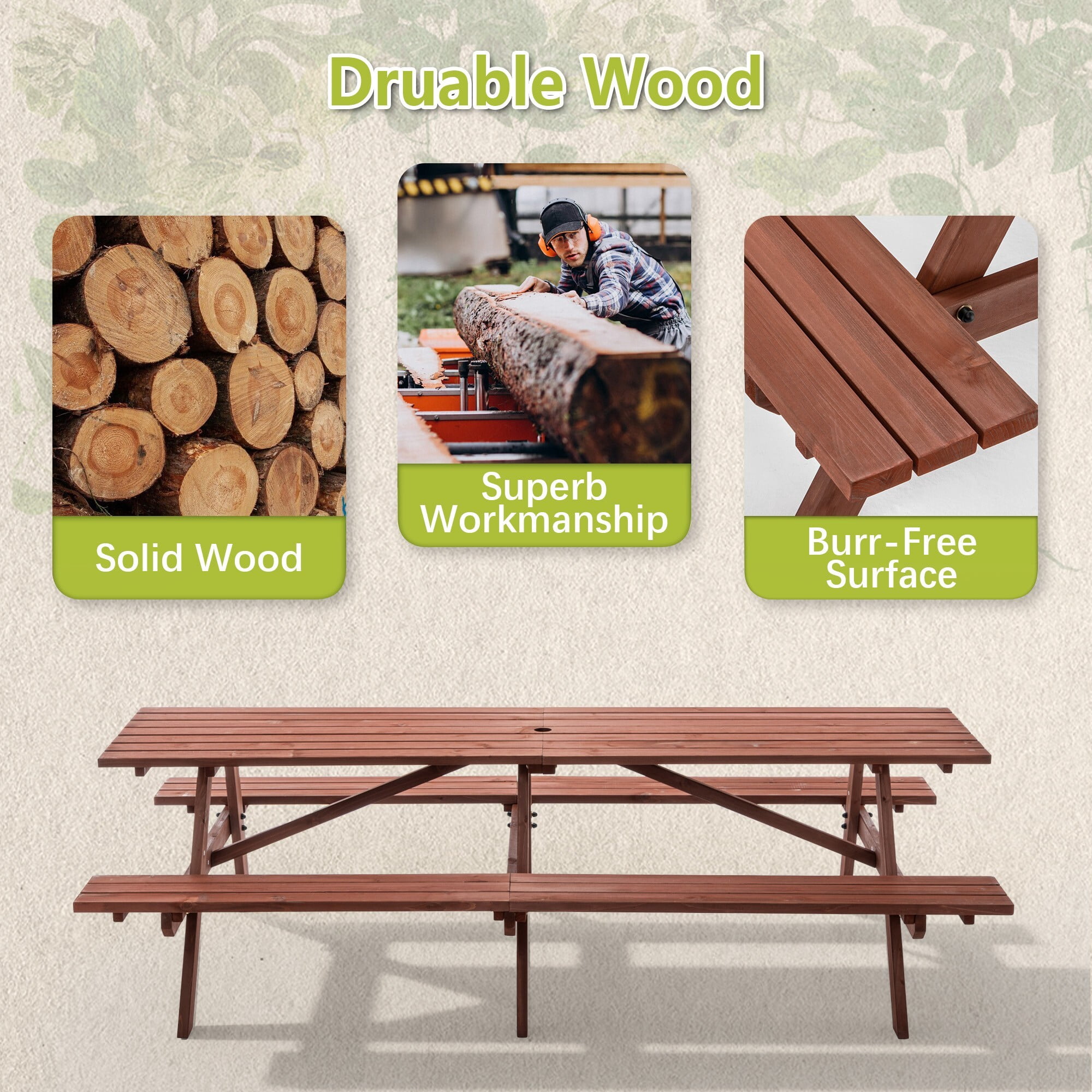 DEALTOPS 8ft Class Extra Long Wooden Picnic Table Seats 12, Heavy Duty Outdoor Patio Dining Set with Umbrella Hole