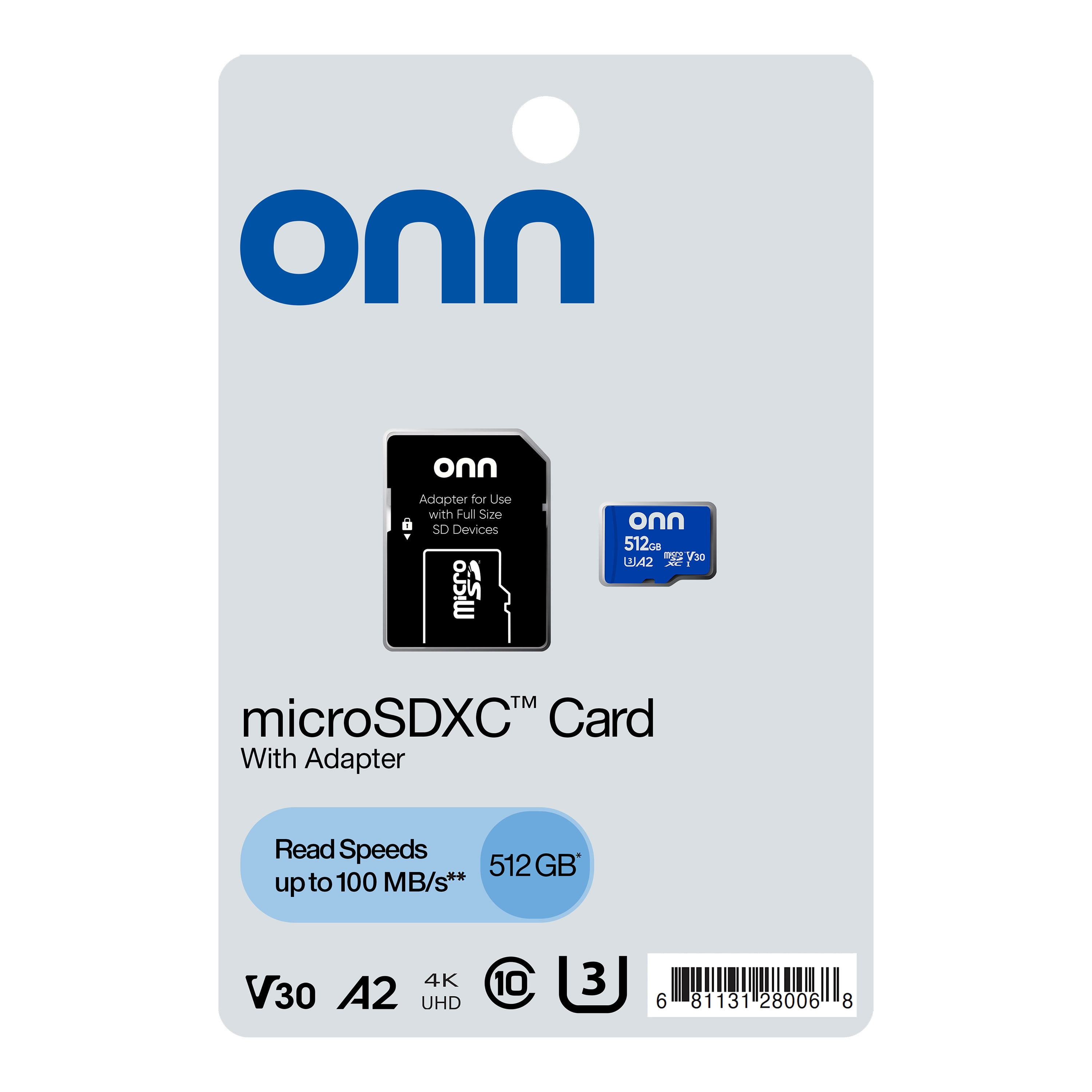 onn 512GB C10 U3 V30 A2 microSDXC Flash Memory Card with Adapter, for Phones, Tablets & Drones