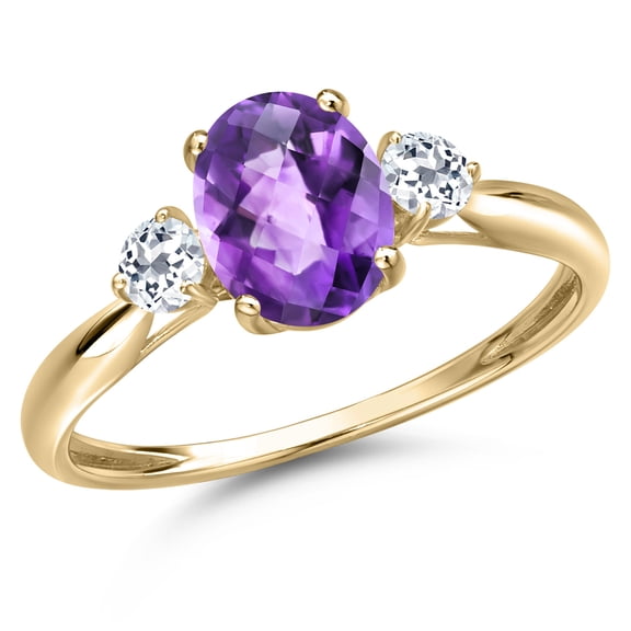 Gem Stone King 10K Yellow Gold Purple Amethyst and White Topaz 3-Stone Ring for Women | 1.48 Cttw | Oval Checkerboard 8X6MM | Gemstone February Birthstone | Size 7