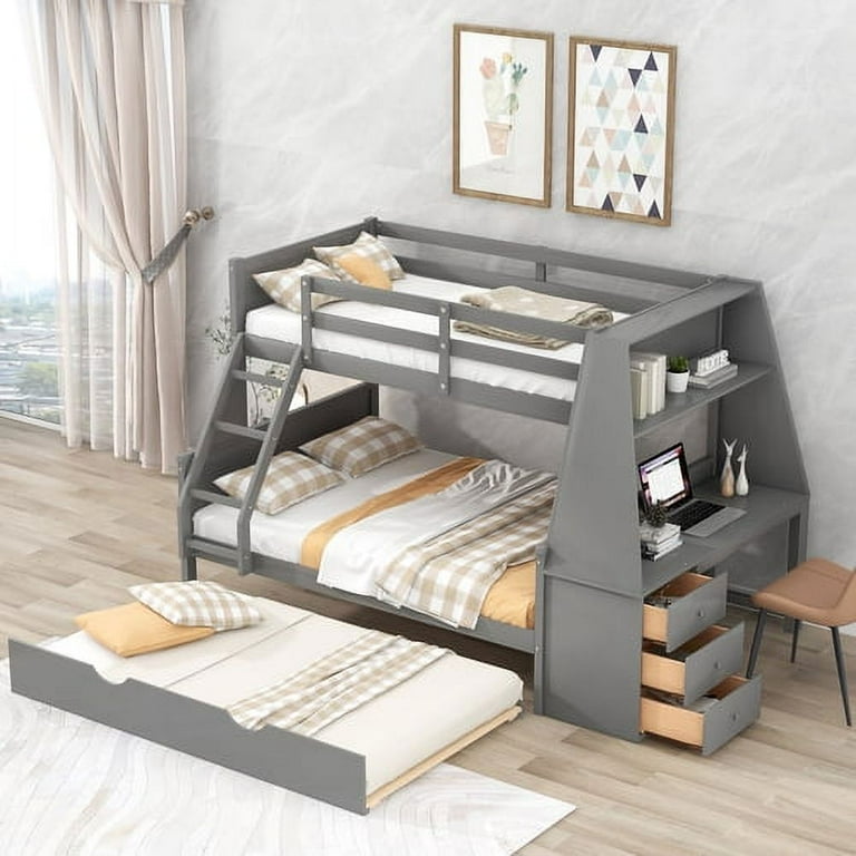 Twin Over Full Bunk Bed with Trundle and Built in Desk Solid Wood