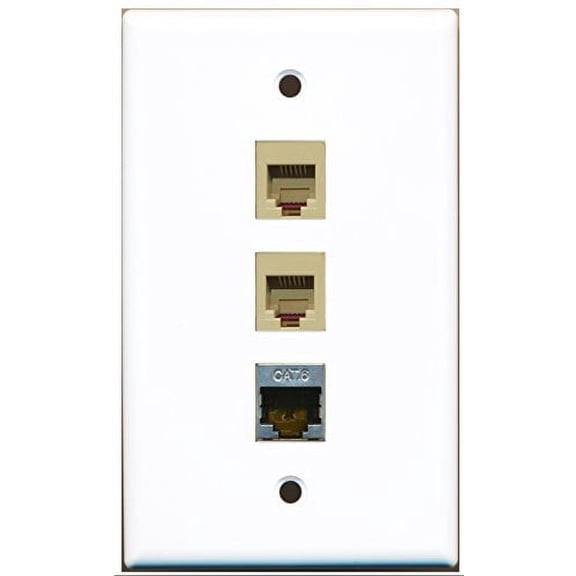 RiteAV - 2 Port Phone RJ11 RJ12 Beige and 1 Port Shielded Cat6 Ethernet Wall Plate