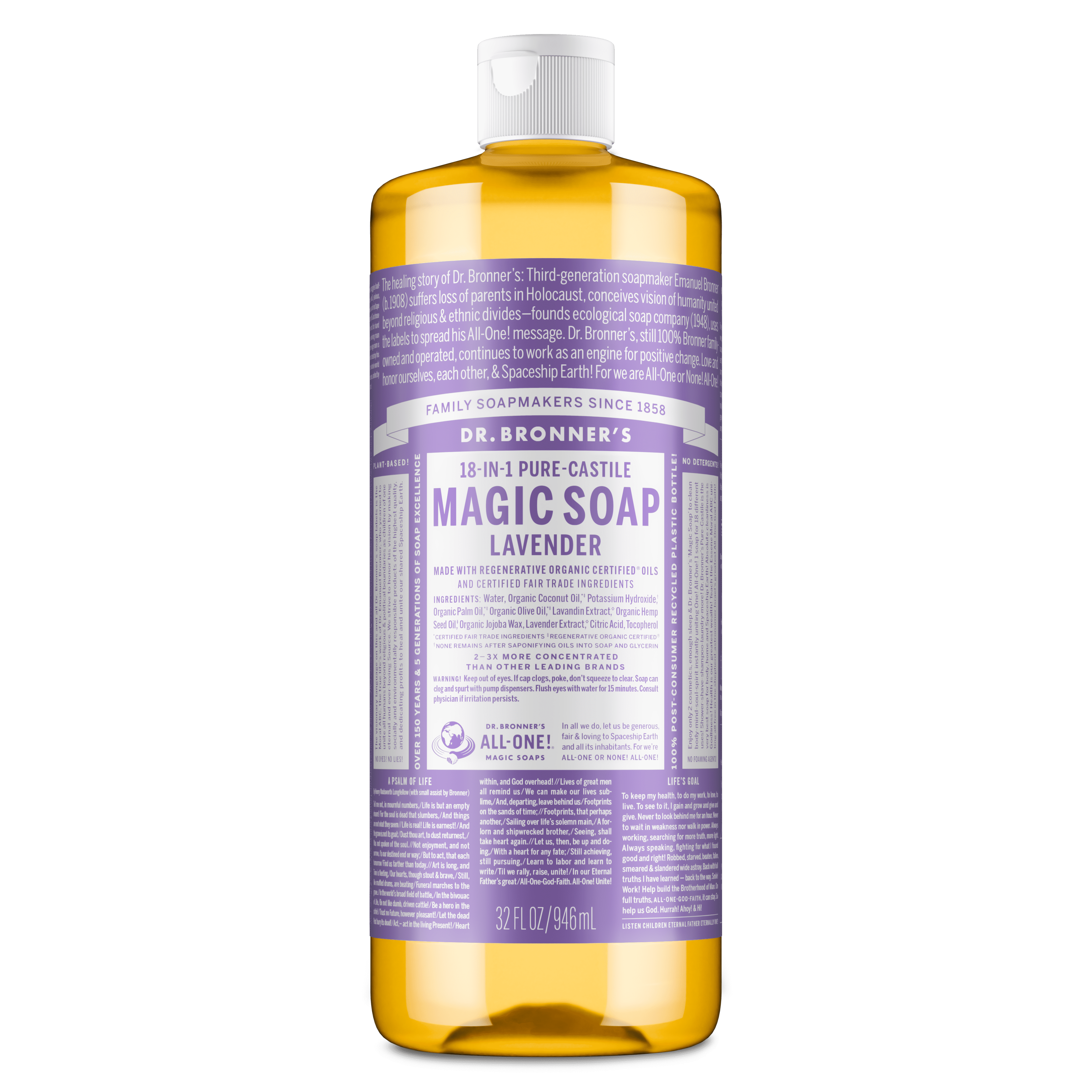 (4 pack) Dr.Bronner's Magic Soap, Lavender, Pure-Castile Body Wash Liquid Soap, 32 fl oz