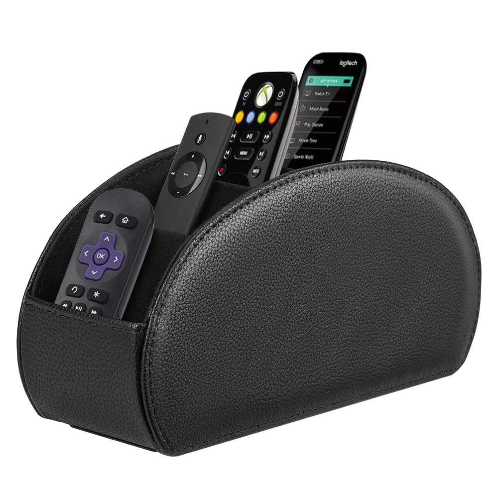 Fintie TV Remote Control Holder Desktop Organizer - PU Leather Storage Caddy with 5 Compartments Fits Office Supplies, Makeup Brush, Black