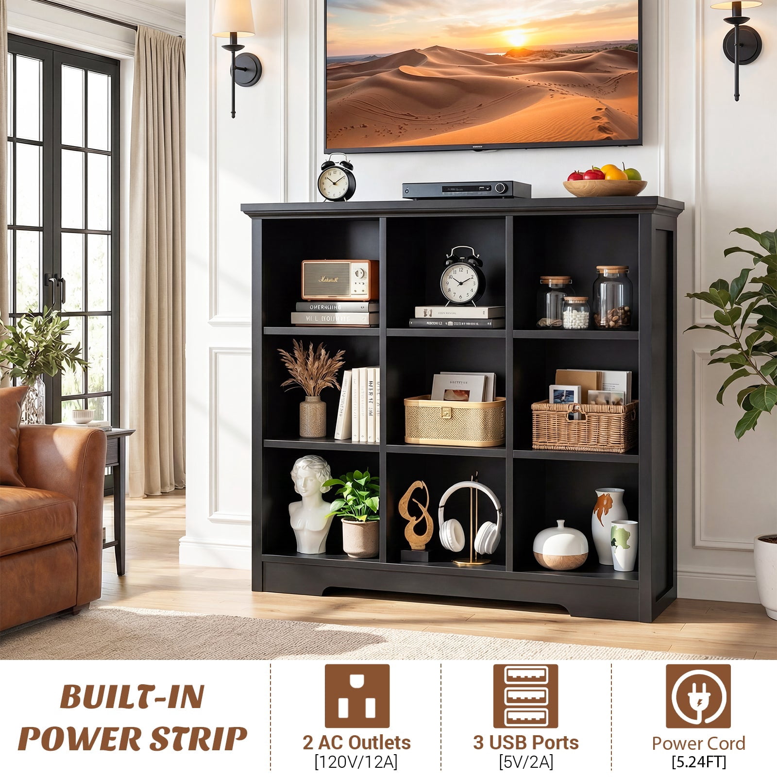 Homieasy 9 Cube Storage Organizer with Charging Station, 41'' Tall Wooden Cube Bookcase for Living Room, Bedroom, Black