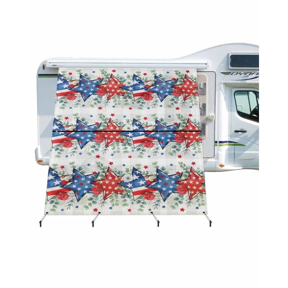 4th of July RV Awning Sun Shade Screen 9'X7' Patriotic Star Poppy Mesh Sunscreen Eucalyptus Leaves Grey Plaid Awning Shade Screen with Zipper UV Blocker Completed Kits for RV Motorhome Camper