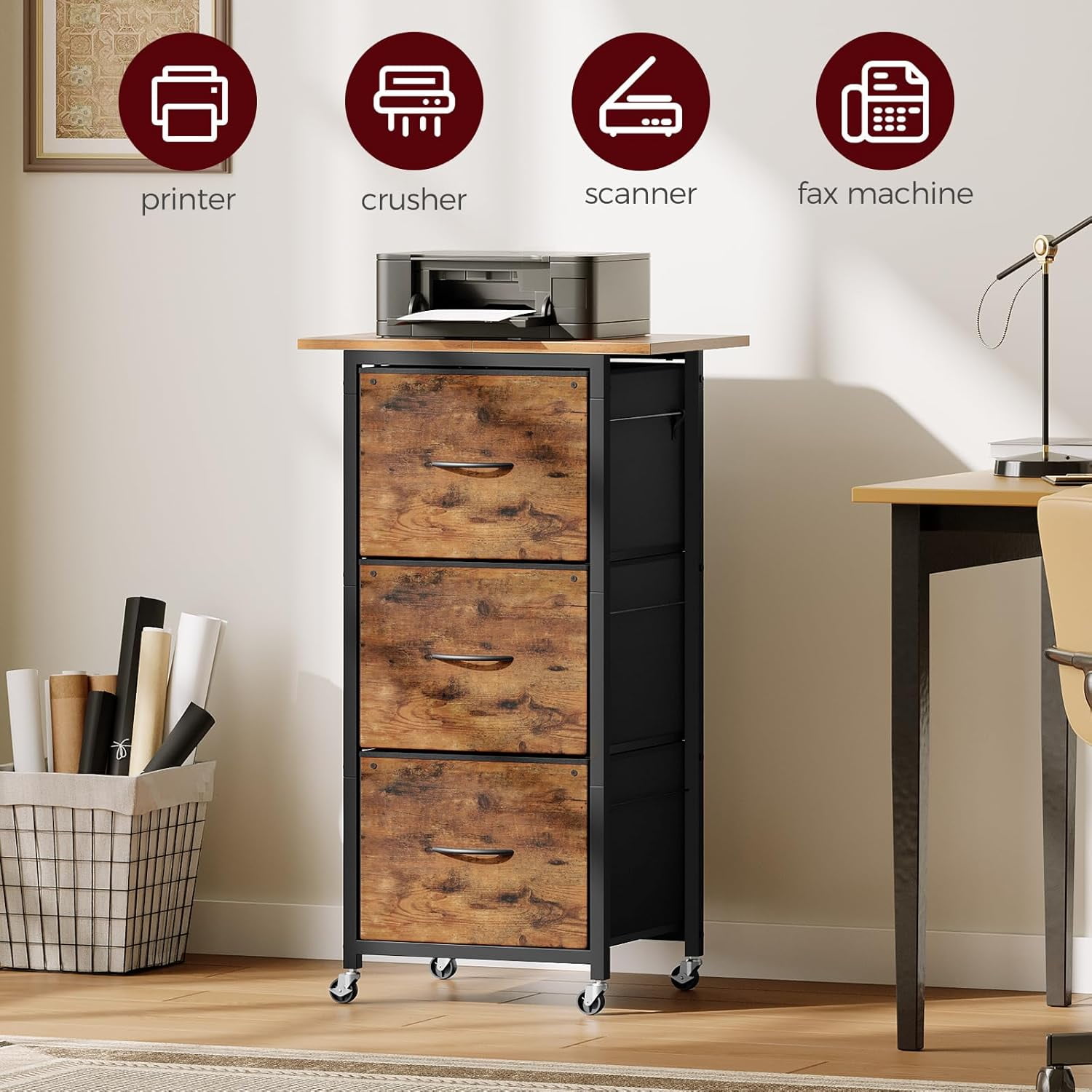 3 Drawer File Cabinet, Vertical Filing Cabinet with Wheels, Printer Stand with Non-Woven Fabric Drawer, Adjustable Hanging Rods, fits A4/Letter Size, for Home Office
