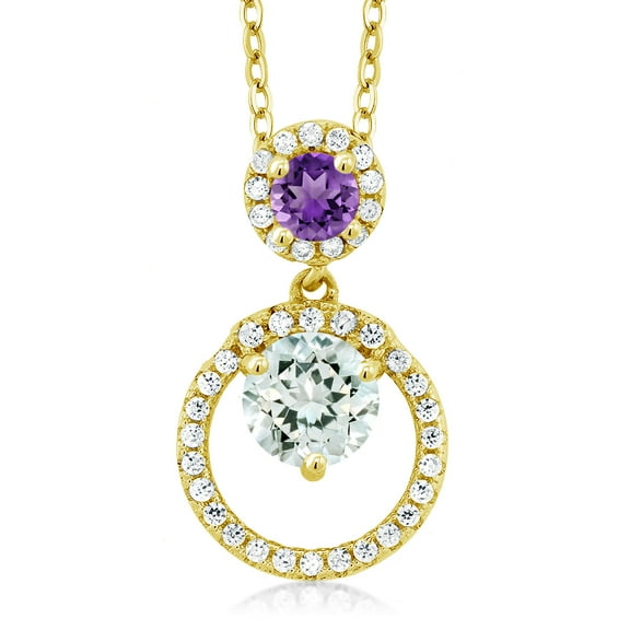 Gem Stone King 18K Yellow Gold Plated Silver Sky Blue Aquamarine and Purple Amethyst Pendant Necklace for Women (1.60 Cttw, Gemstone March Birthstone, Round 6MM and 4MM)