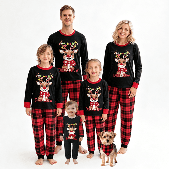 RUINIXCW Family Christmas Pajamas Matching Set Christmas Jammies Holiday Outfit Xmas PJS Set Sleepwear Long Sleeve Reindeer Printed Tops Plaid Pants Set