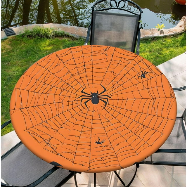 60 Inch Fall Round Waterproof Tablecloth for Dinner, Halloween Fitted Round Tablecloth with Elastic for Holiday