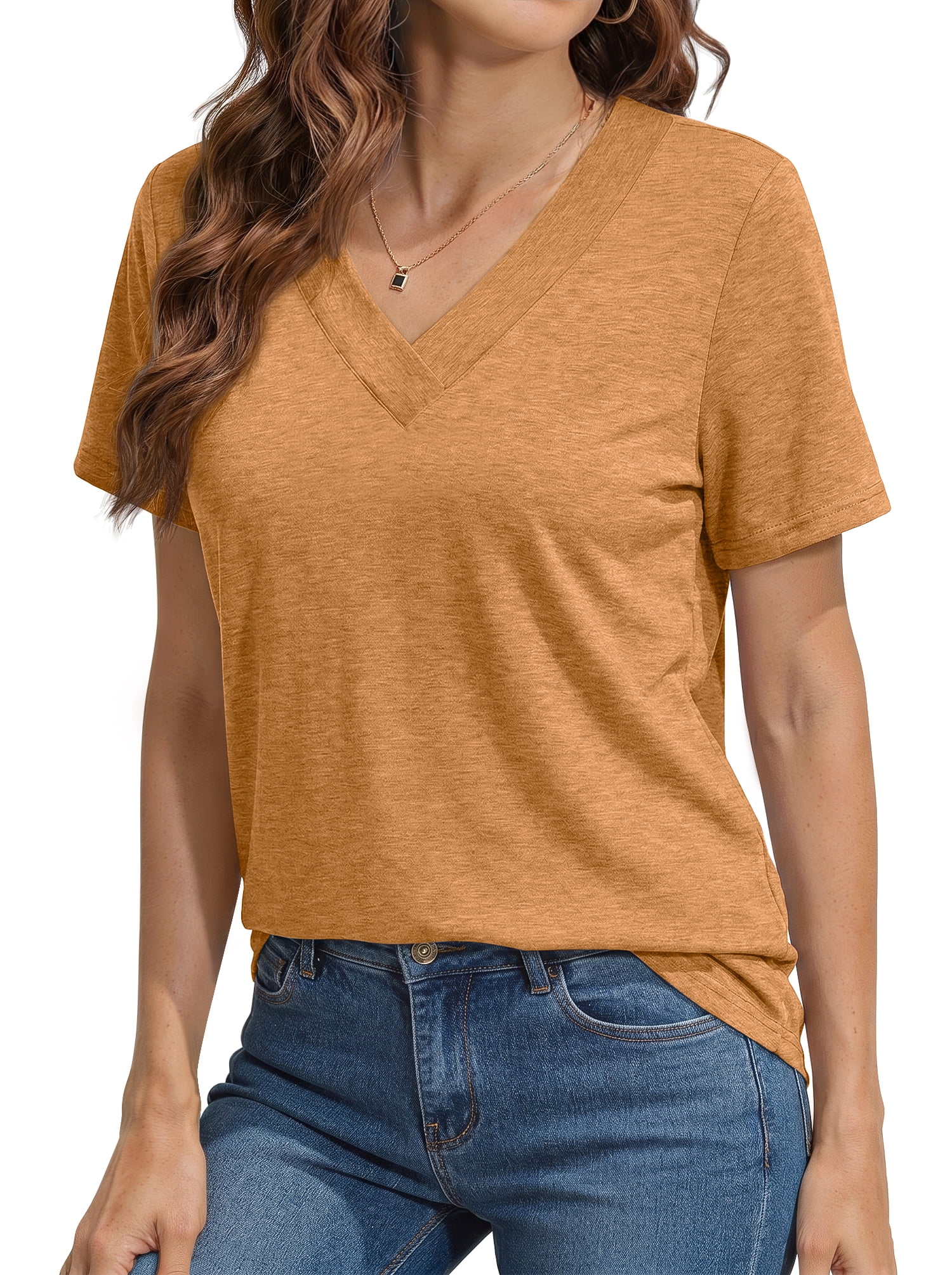 MOSHU Deep V Neck Womens Tops Curved Hem Shirts for Women Fashion Trendy Blouses Casual Loose Fit Tees Tops