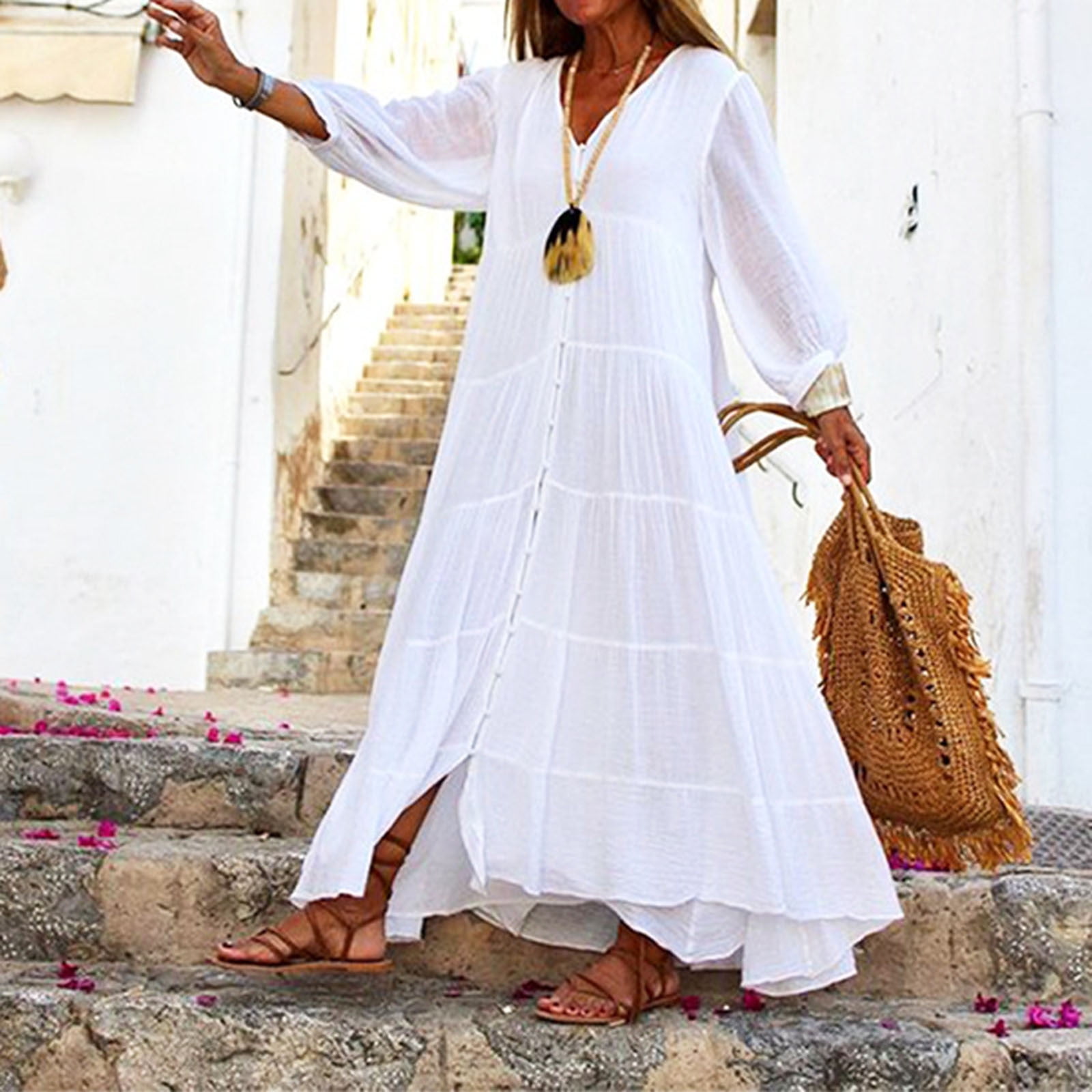 BiZtdJrK White Women's Cotton Linen Dress Button Down Long Sleeve V Neck Boho Dresses Casual Pleated Layered Beach Long Dress XL