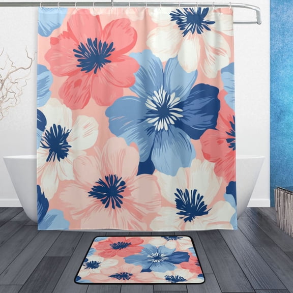 Bath Curtain & Non-Slip Bath Mat Set 12-Grommet Shower Curtain Memory Foam Bath Rug Pink and Blue Large Flowers