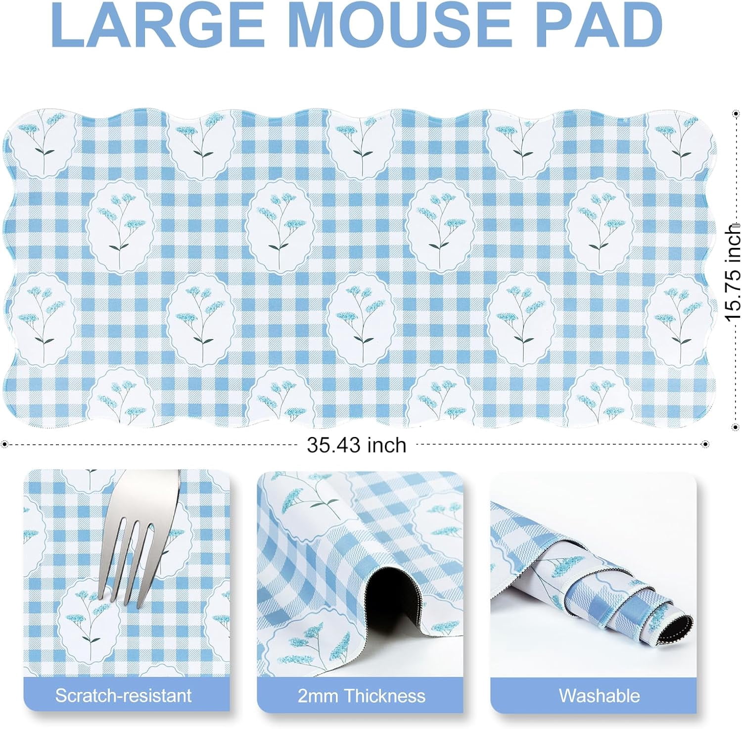 Blue Mouse Pad,Checkered Floral Desk Mat XXL Large Scalloped Cottagecore Gaming Mousepad,35.4x15.7in Non-Slip Rustic Keyboard Pad Desktop Mat for Laptop Computer Game Home Office