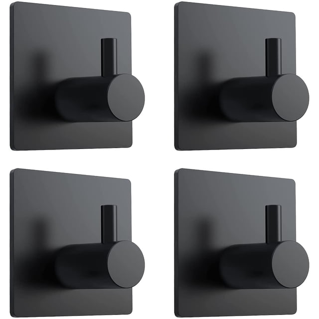 Ganchos adhesivos de acero inoxidable negro para toallas de baño, resistentes, impermeables, para pared de ducha, cocina, sin clavos, para batas, esponjas, abrigos, sombreros y utensilios (4 unidades)