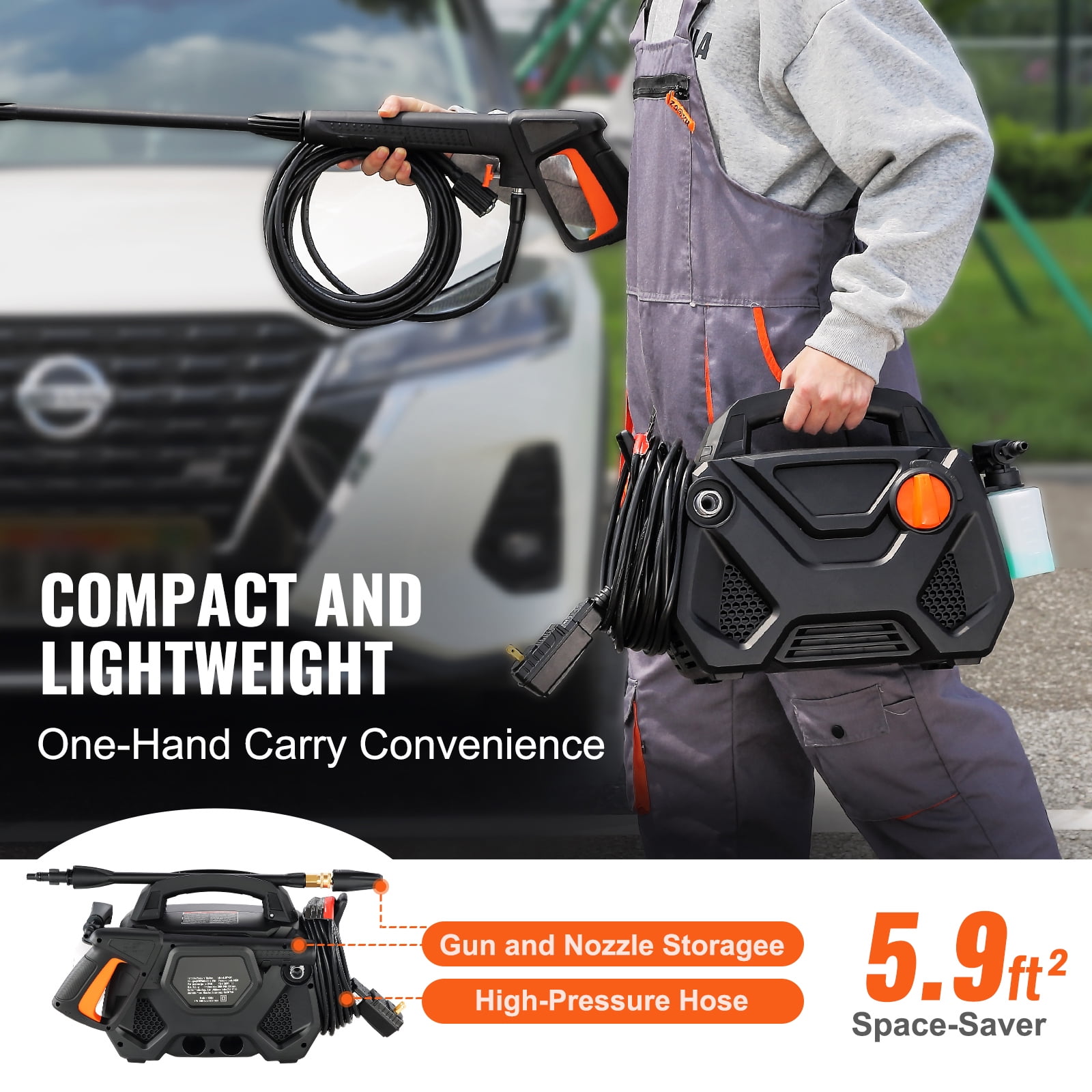 KFFKFF Electric Pressure Washer, 2150 PSI 1.85 GPM, High-Pressure Cleaner with 5 Nozzles, 20ft Hose and 35ft Cord, Lightweight and Portable for Cleaning Cars, Fences, Patios, Furniture, Floors