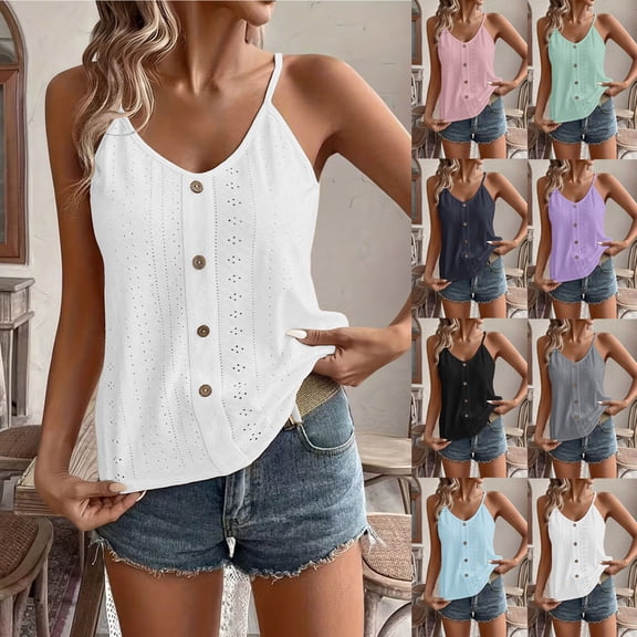 Miluxas Court Lock Eyelet Camisole for Women Trendy V Neck Adjustable Spaghetti Strap Tank Tops Sleeveless Blouses Loose Fit White