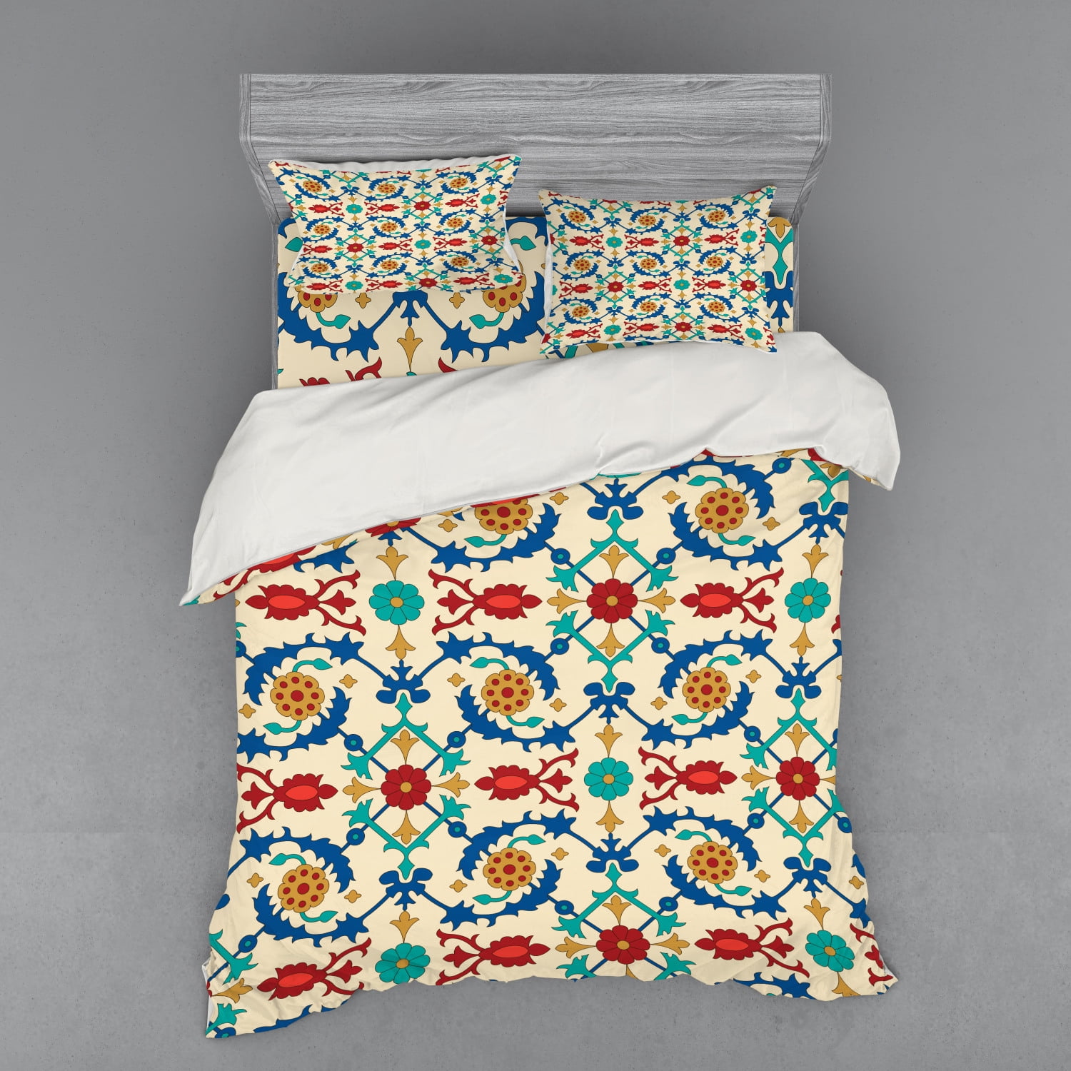 Moroccan Duvet Cover Set, Nostalgic Eastern Art Motifs with Floral