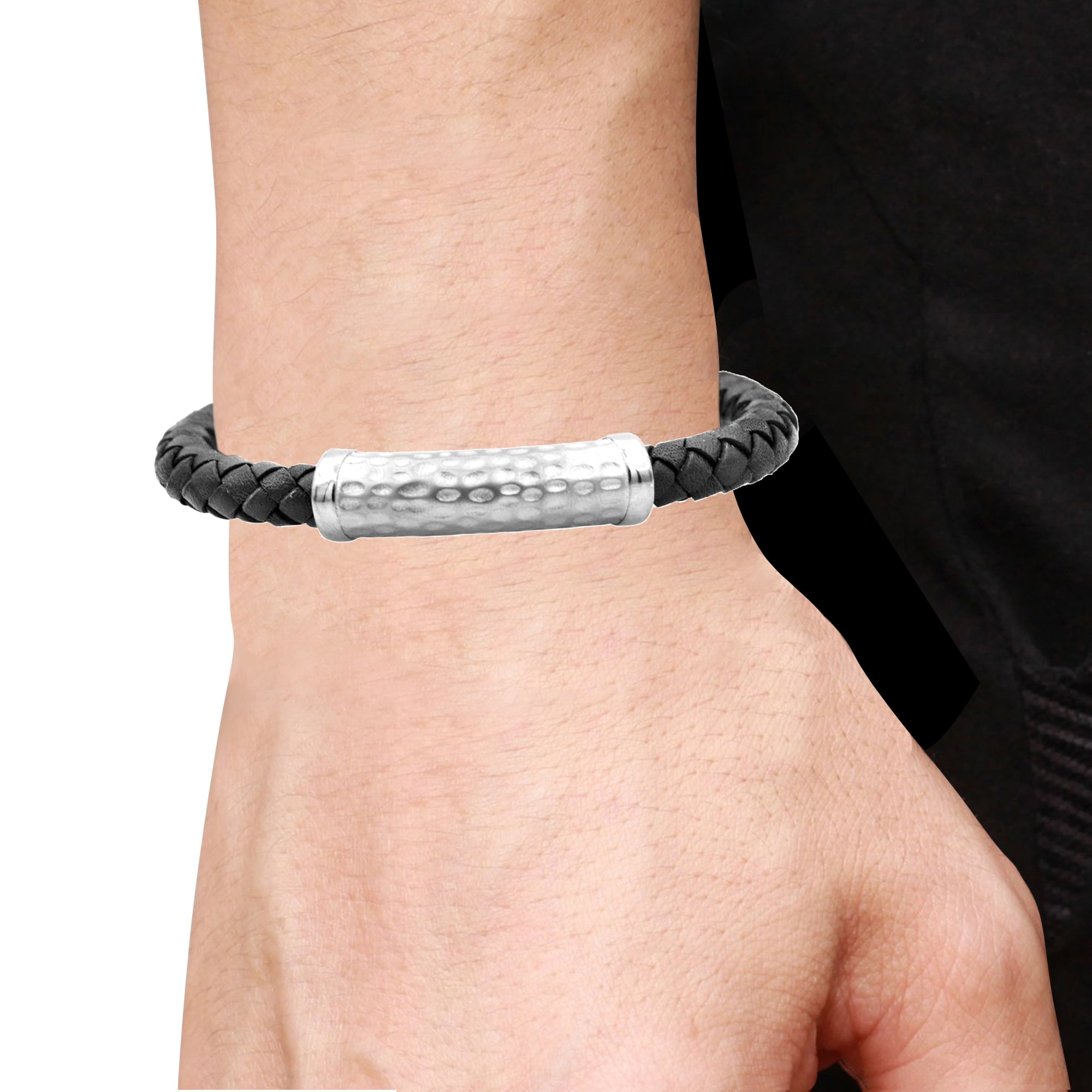 Arista Men's Bracelet Black Leather Hammered Solid Stainless Steel, 8.5"